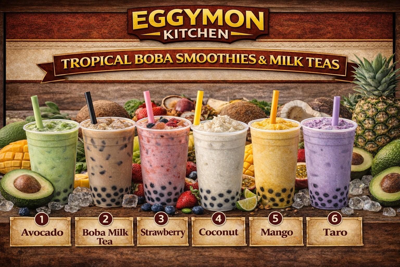 Eggymon boba and milk tea selection